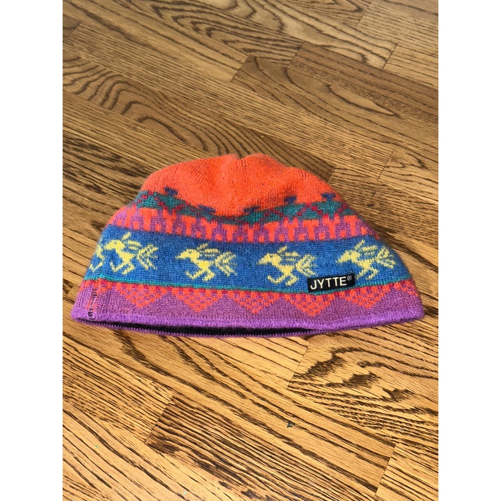 Jytte Wool Beanie Hat Multicolor Fair Isle Bird Motif Skull Cap Made in USA